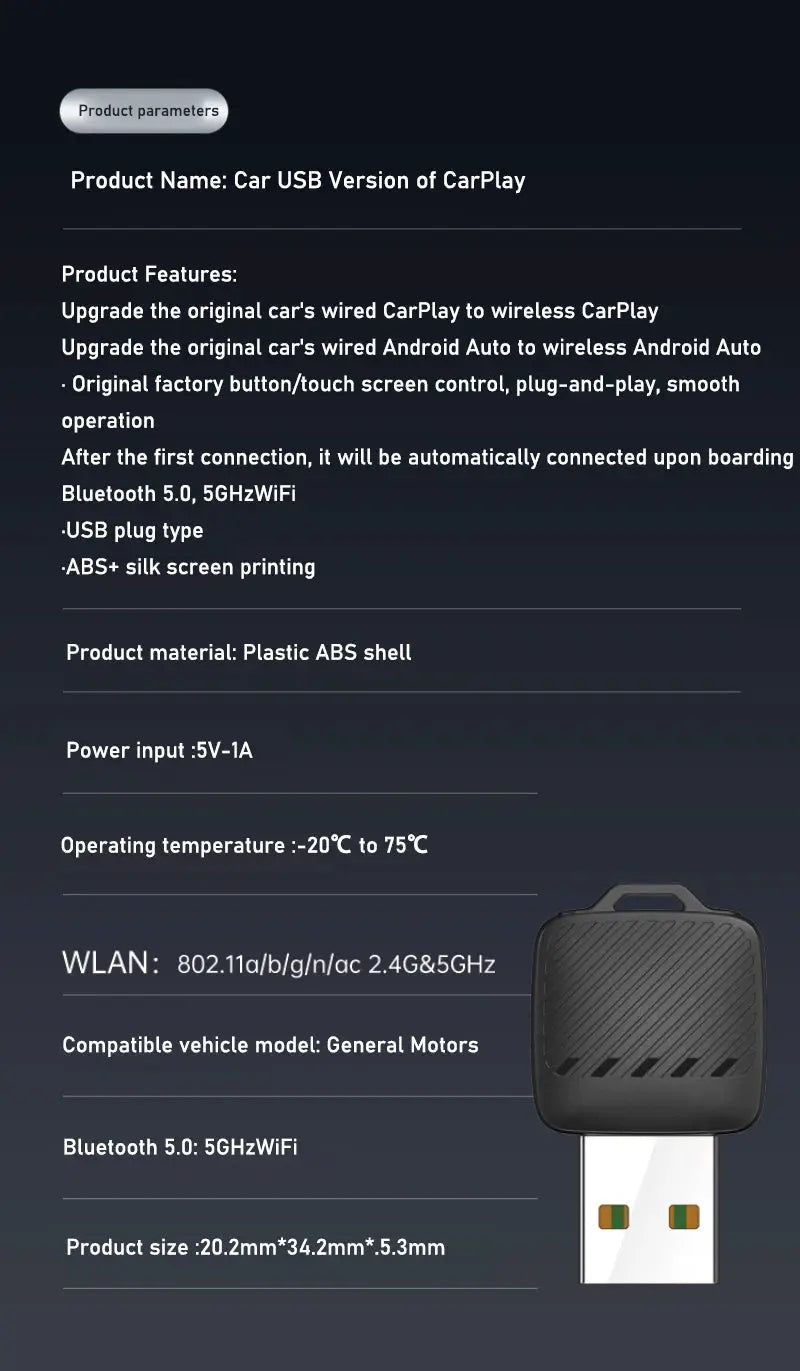2-in-1 wireless Android Auto & CarPlay dongle, black ABS shell with USB plug, Simples Market