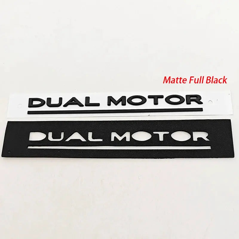 Dual Motor trunk badge set for Tesla; 2-piece, matte black and white backing, 3D ABS chrome-look lettering with underline