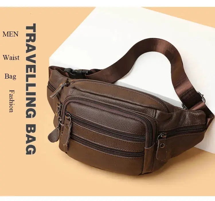 Men's genuine leather fanny bag in brown with multiple zip pockets and adjustable strap