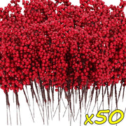 50 Count Artificial Holly Berry Stem With Red Berries For Christmas Tree Decoration Home Decor Ornament
