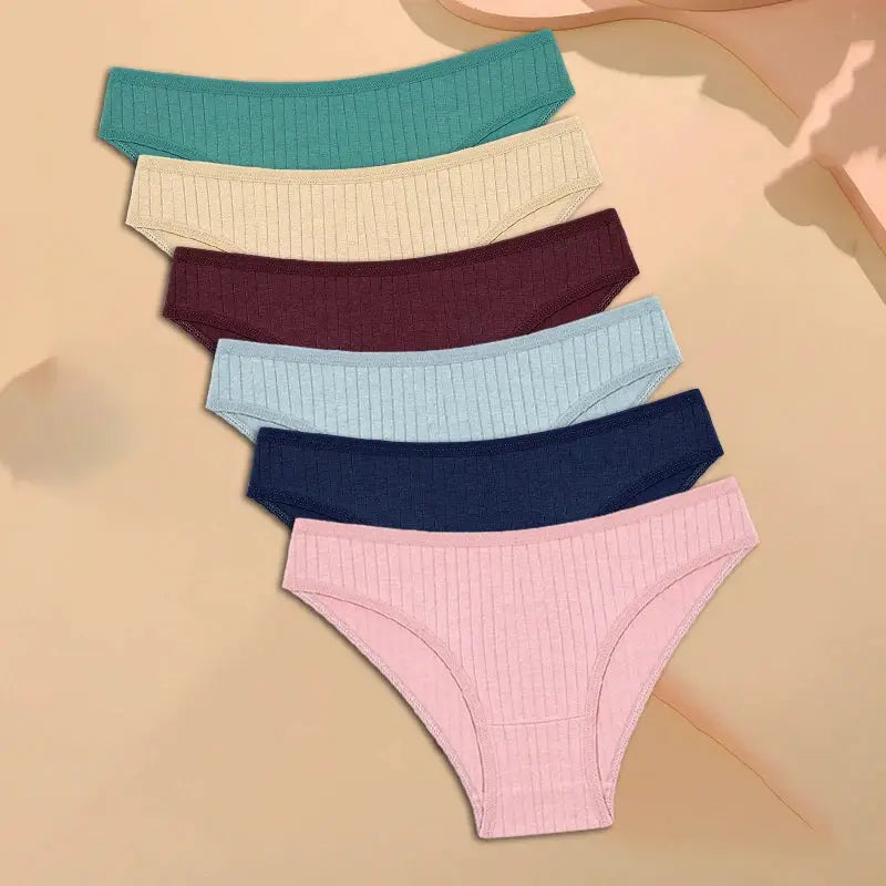 Cotton panties 6-pack set with ribbed striped texture in teal, beige, burgundy, light blue, navy, pink