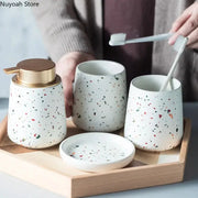European bathroom decoration set by Simples Market, terrazzo ceramic with emulsion bottle, gargle cup, soap dish on tray