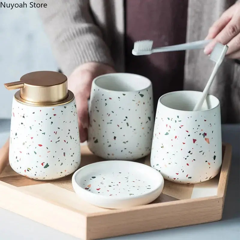European bathroom decoration set by Simples Market, terrazzo ceramic with emulsion bottle, gargle cup, soap dish on tray