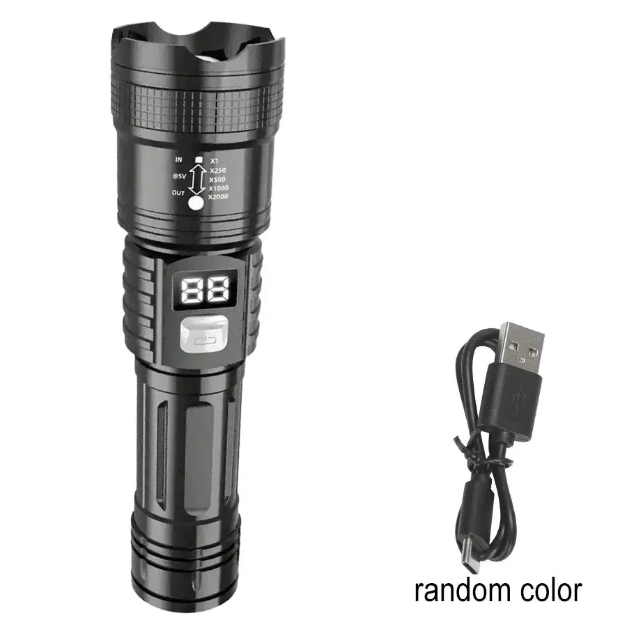 Simples Market 100000LM rechargeable LED flashlight with digital display and USB charging cable, black
