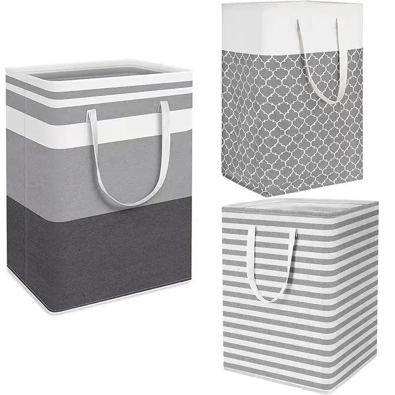 Laundry basket set of 3 by Simples Market; waterproof fabric, large-capacity foldable in grey stripes and trellis