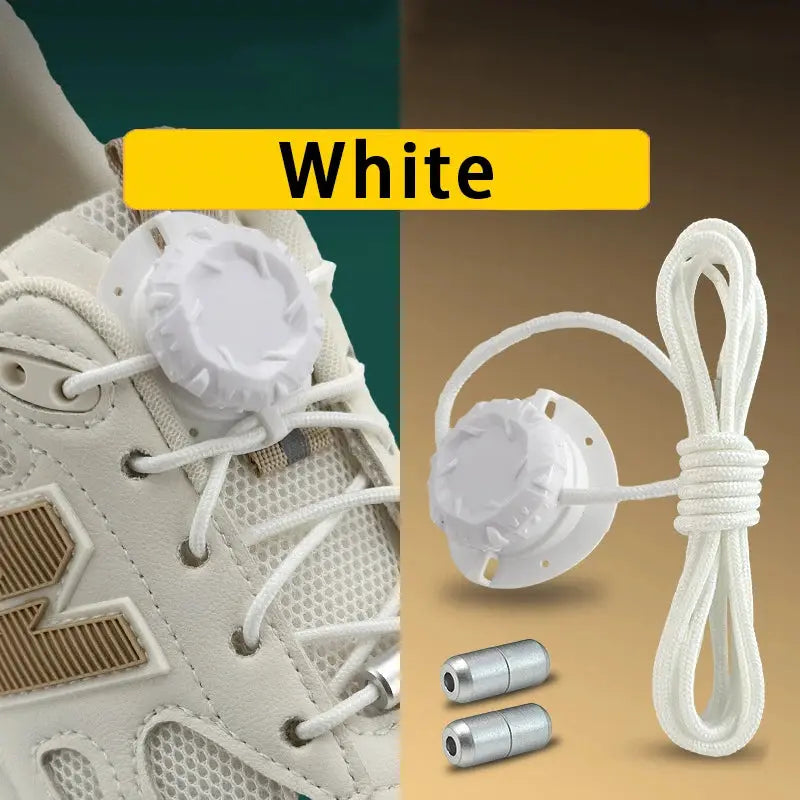 No-tie sneaker laces with swivel buckle toggle in white; includes cord and tips for kids and adults.