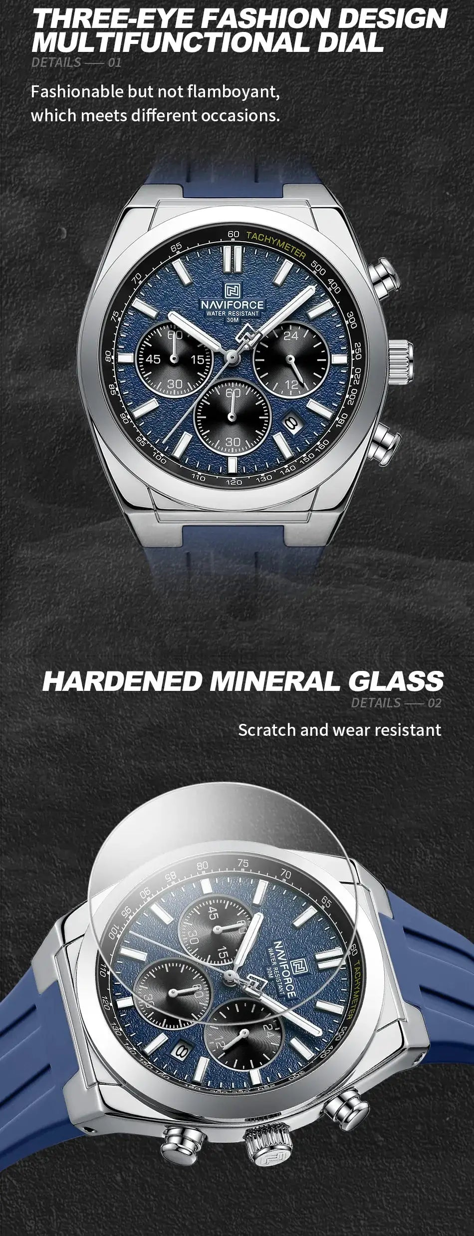 NAVIFORCE men's chronograph watch with blue dial, silicone strap, luminous hands, 30m water resistant