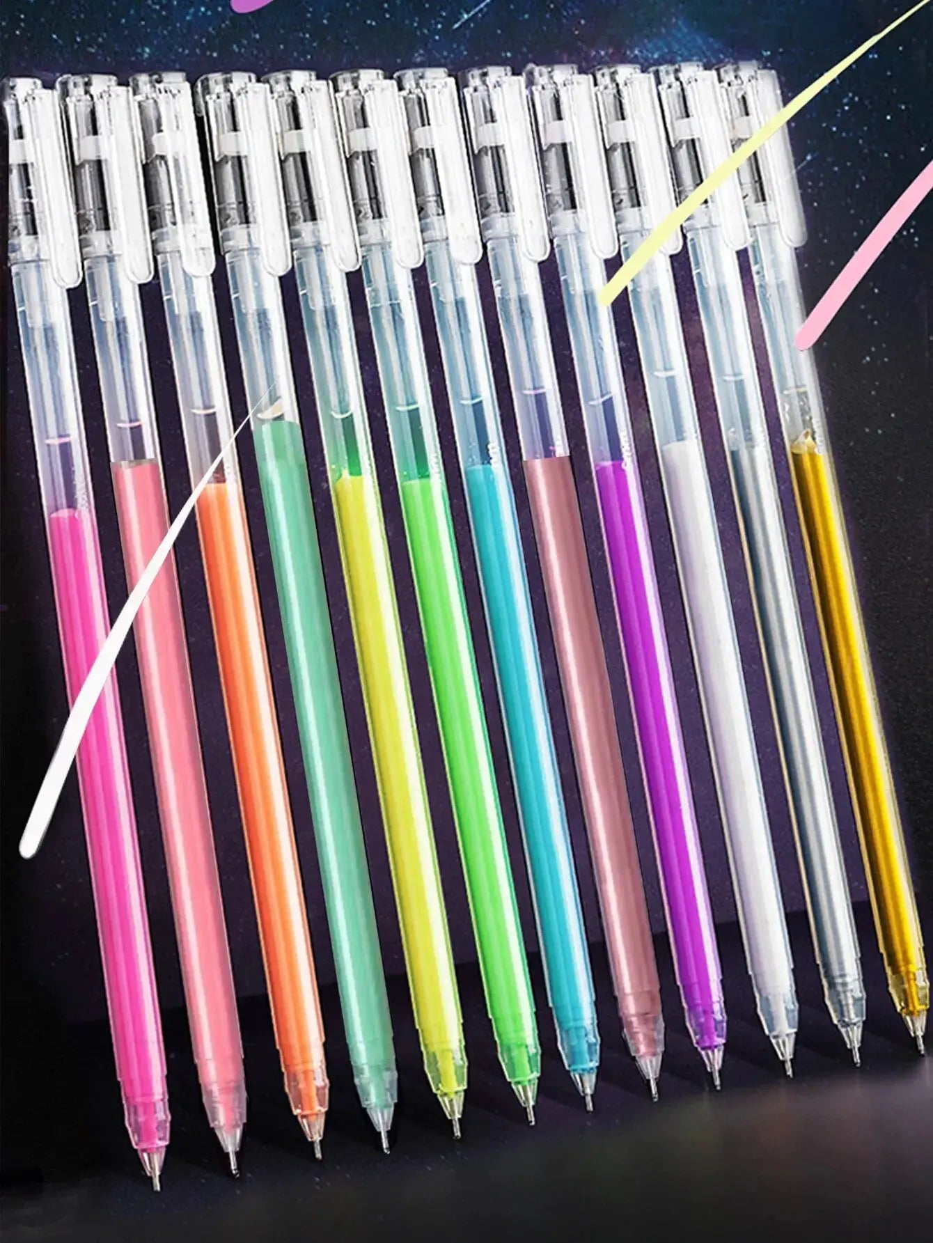 12-color Simples Market gel pen set with clear barrels and 0.5mm fine tips