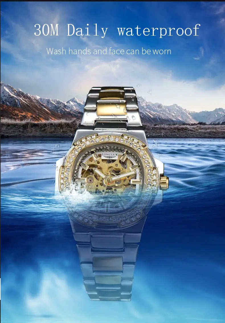 LONGLUX automatic skeleton watch with diamond bezel and two-tone stainless steel band