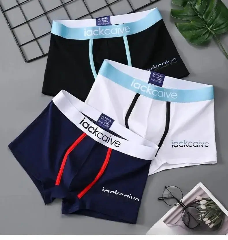 3-pack men's cotton boxers by Simples Market, jackcaive brand; black, white and navy with blue waistbands