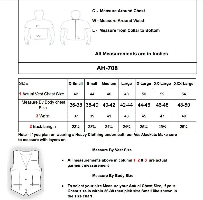 Leather motorcycle vest size chart with chest, waist and back length measurements