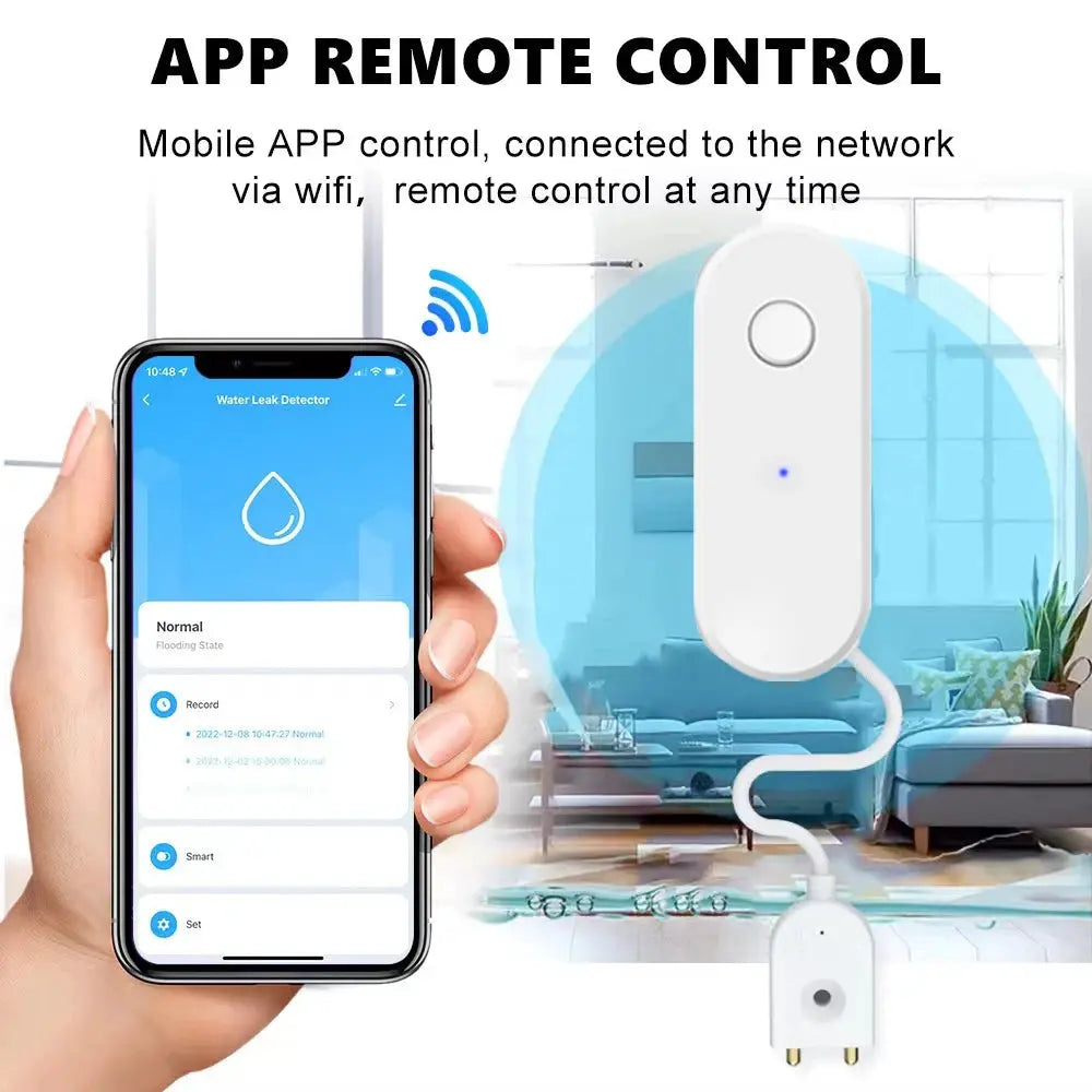 Tuya WiFi Smart Water Leak Sensor by Simples Market; white leak detector shown with SmartLife app on a smartphone.