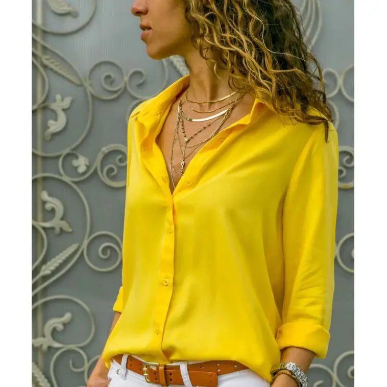 Yellow women's button-down blouse with rolled sleeves and open collar by Simples Market