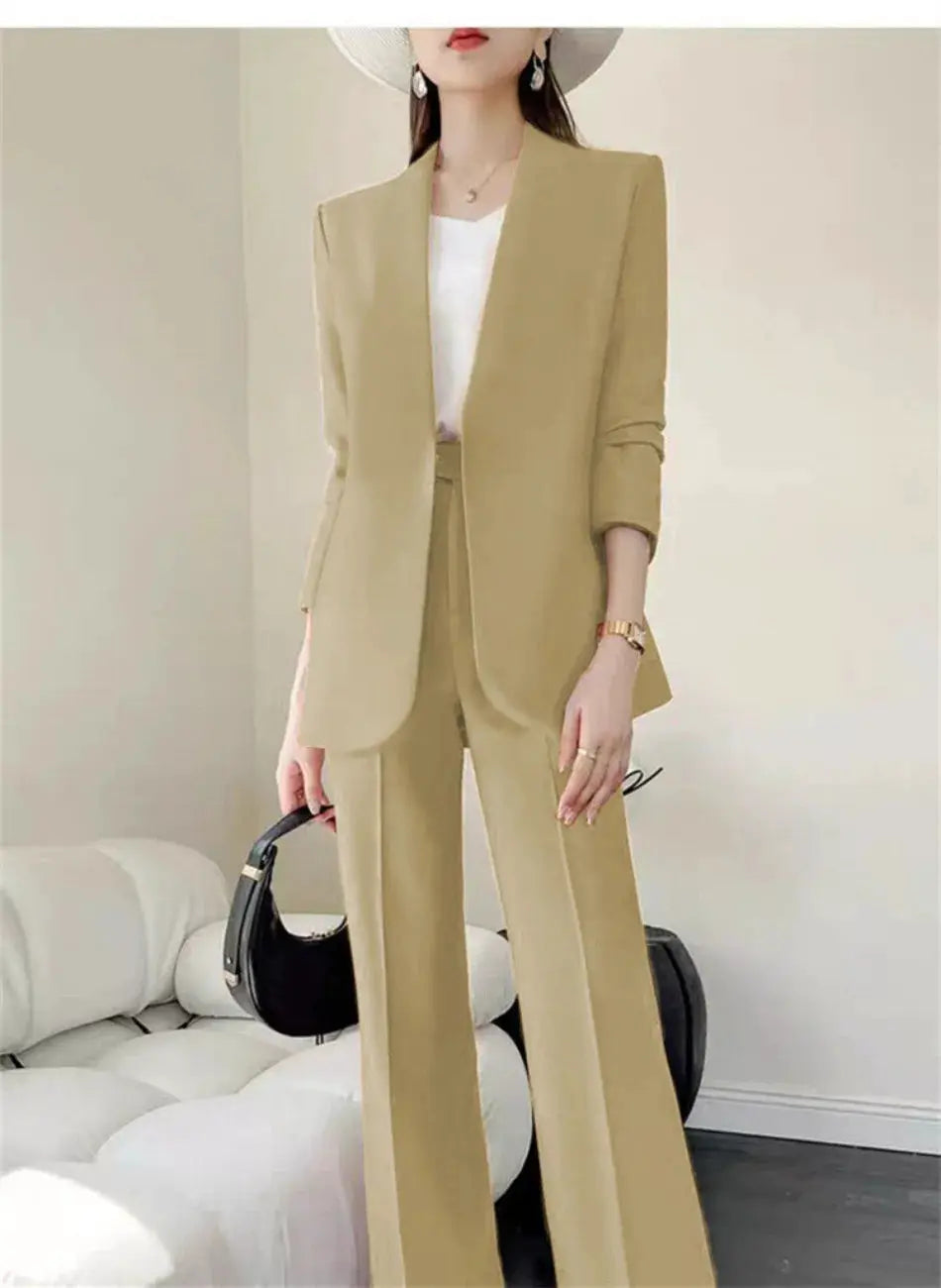 Beige two-piece women's blazer and wide-leg trousers suit set
