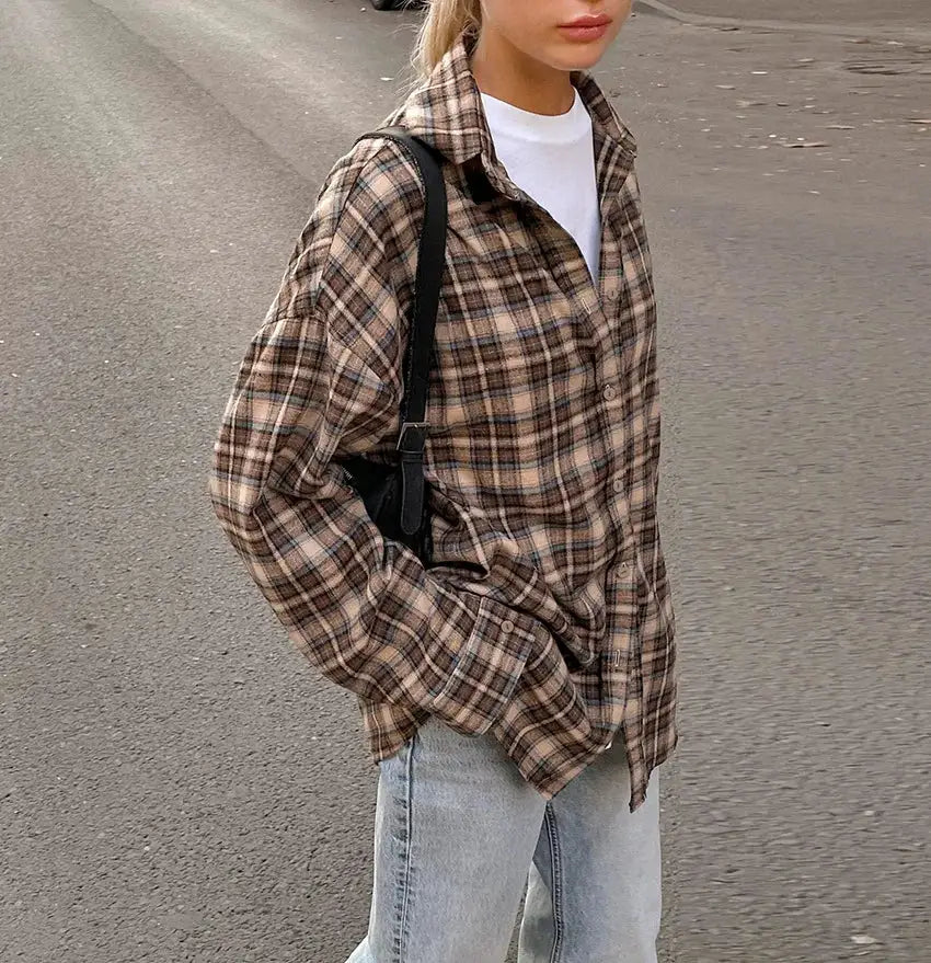 Women's brown plaid checkered shirt, loose-fit, long-sleeve button-down casual blouse.