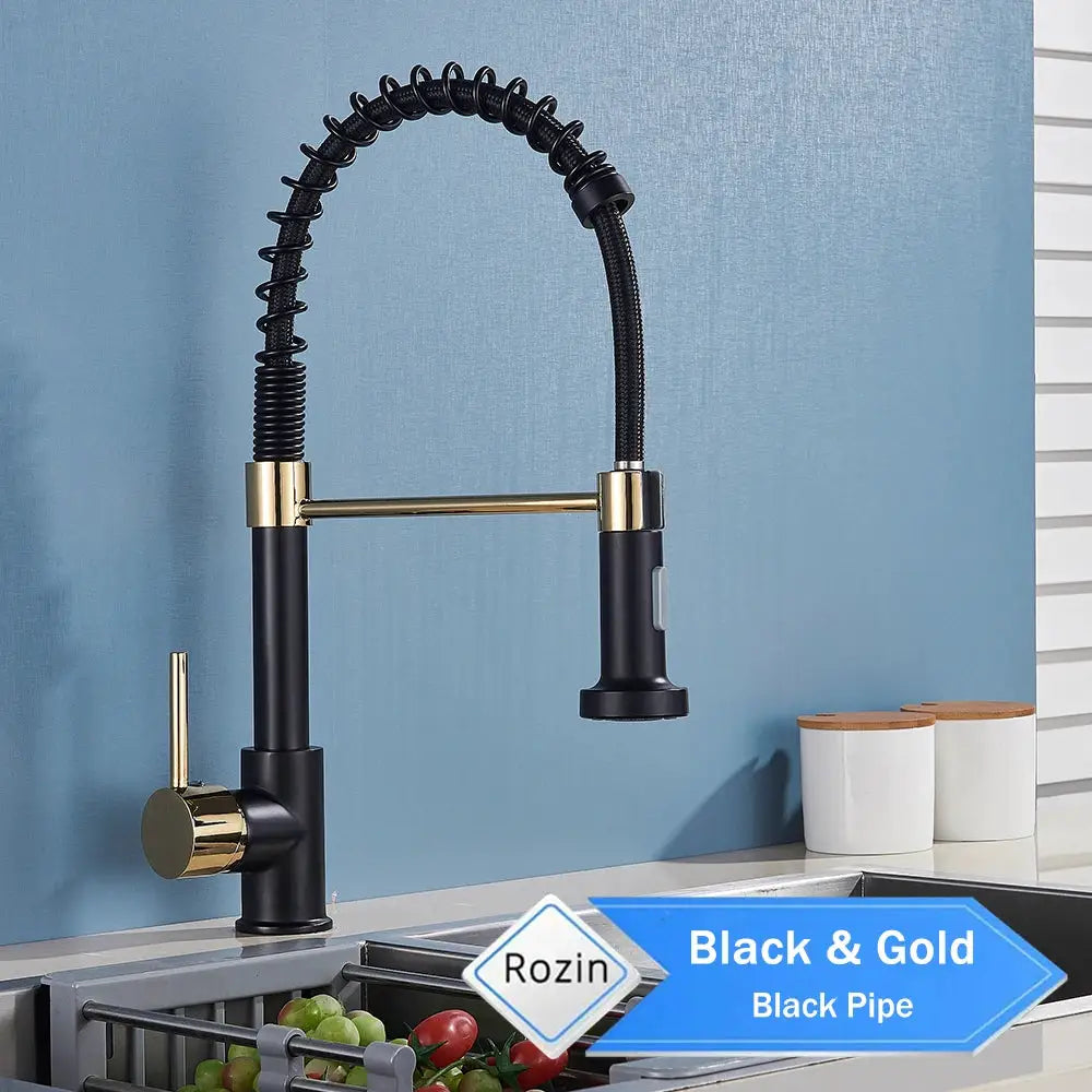 Rozin matte black and gold deck-mounted kitchen faucet with pull-down sprayer and 360° rotation