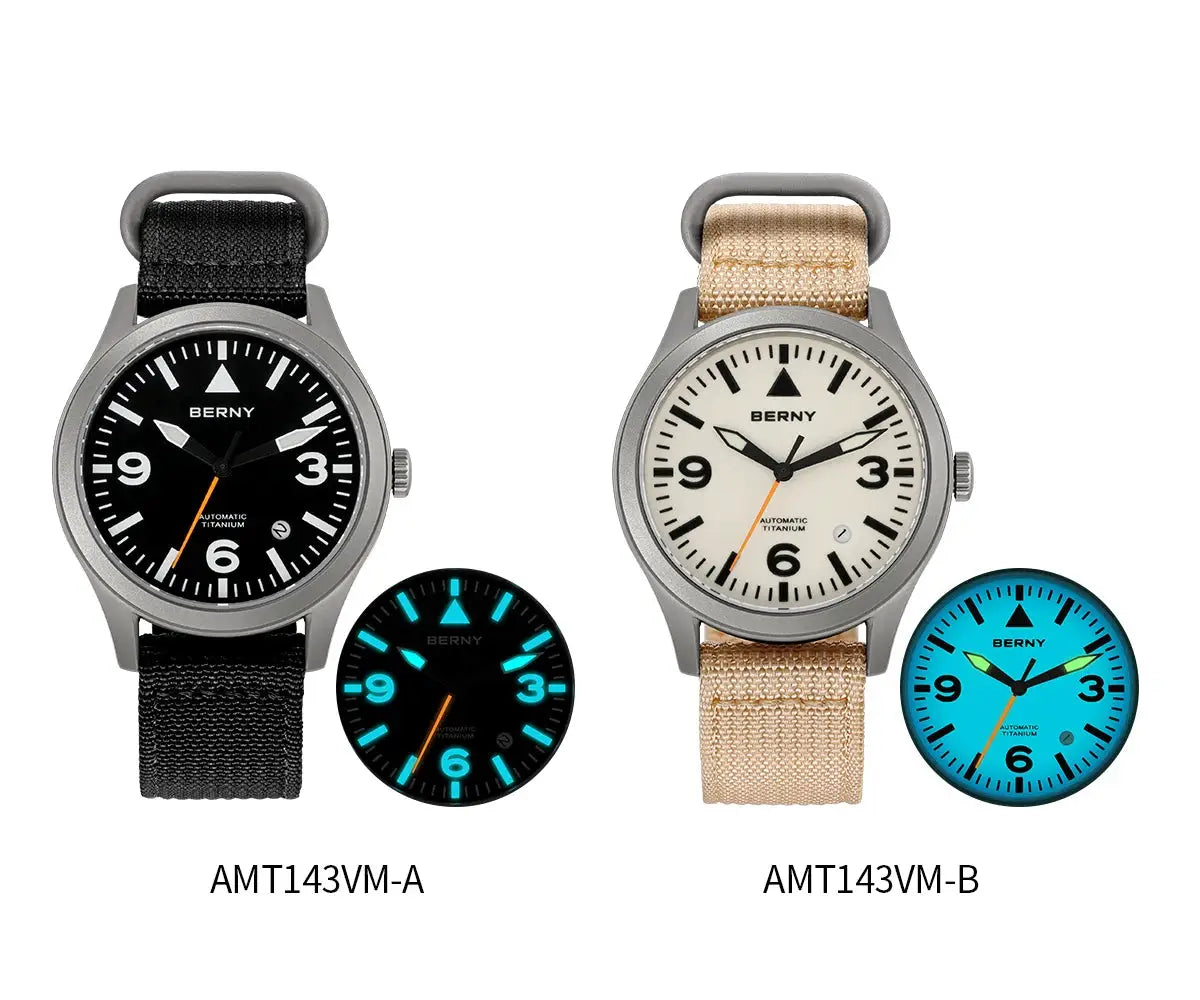 BERNY titanium automatic watches for men, two models AMT143VM-A and AMT143VM-B, black and beige straps, luminous dials