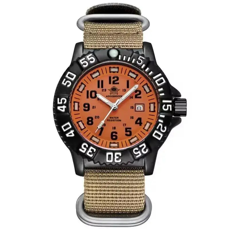 Addies Men Military Watch with orange dial, black bezel, and beige nylon strap; water resistant 50m.