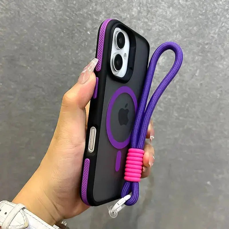 Simples Market MagSafe case with purple dual-color wrist strap for iPhone, matte black shockproof cover