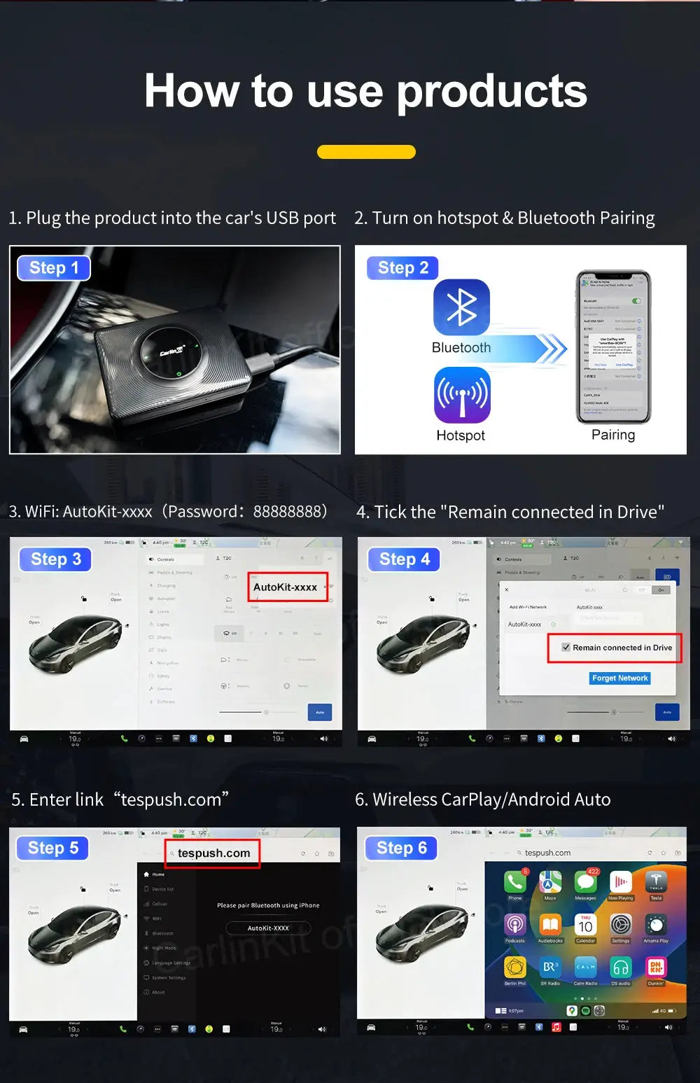 T2C CarlinKit wireless CarPlay/Android Auto adapter for Tesla Model 3/Y by Simples Market; black compact box.