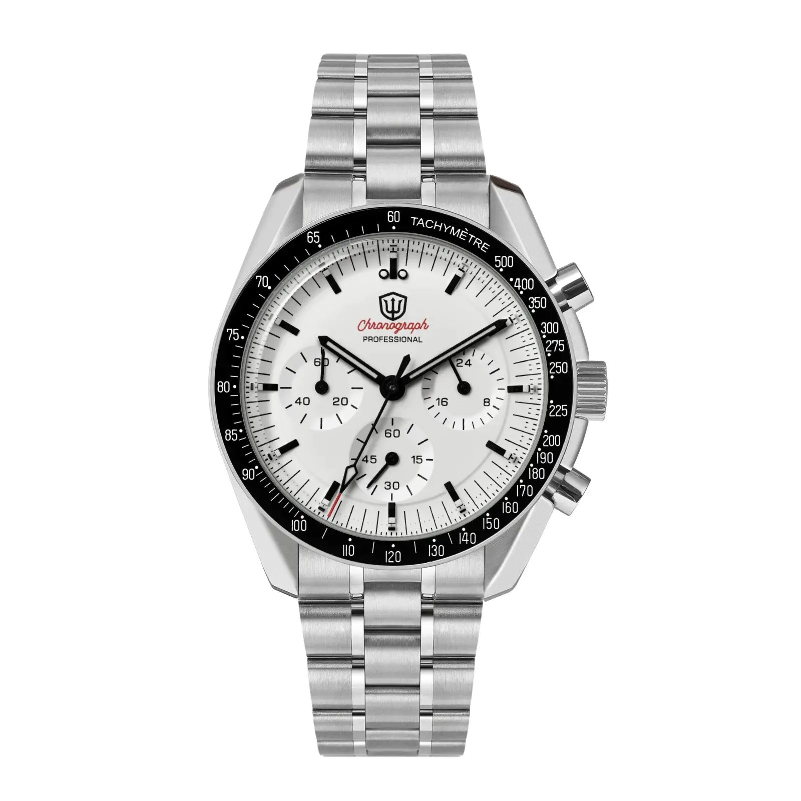 Watch WD1863 stainless steel chronograph with white dial, black tachymeter bezel, and metal bracelet