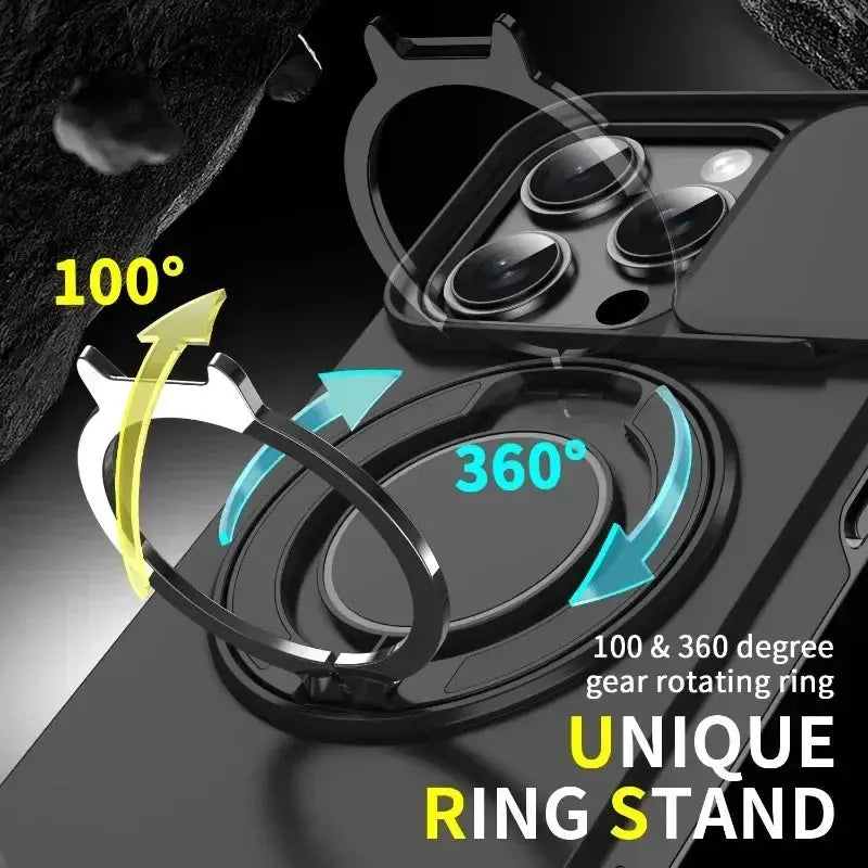 Rugged magnetic bracket case for iPhone 16/14/13/12/11/15 Pro Max with 360° rotating ring stand, black PC cover