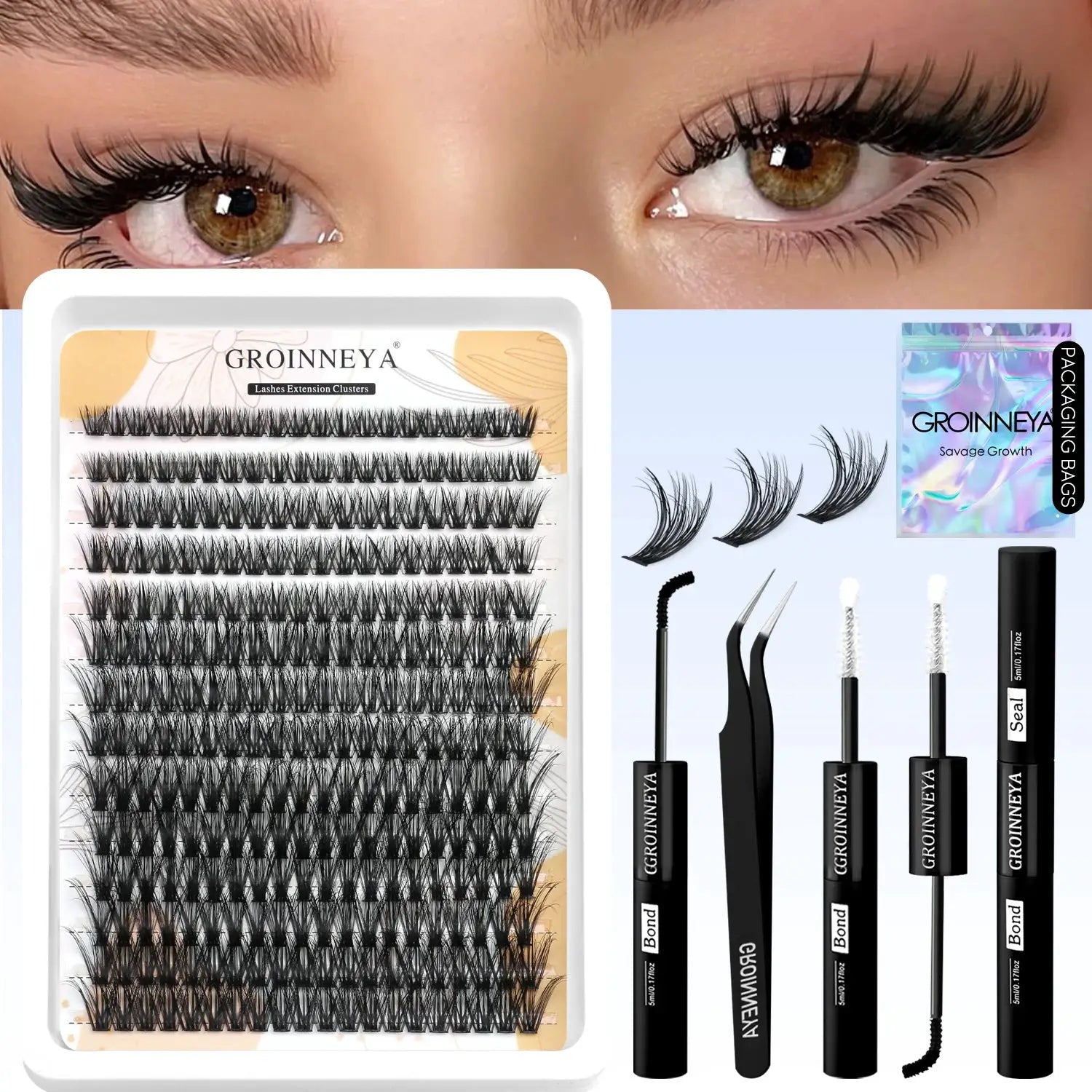GROINNEYA Lash Clusters Kit Waterproof Strong Hold DIY Lash Extension Kit Bond And Seal Eyelash Tweezers Makeup