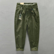 HIQOR men's pure cotton cargo pants, olive green, Korean-style casual loose fit, mid waist, plus size 38