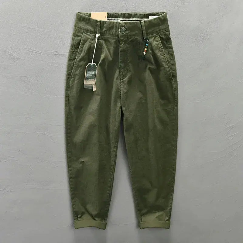 HIQOR men's pure cotton cargo pants, olive green, Korean-style casual loose fit, mid waist, plus size 38