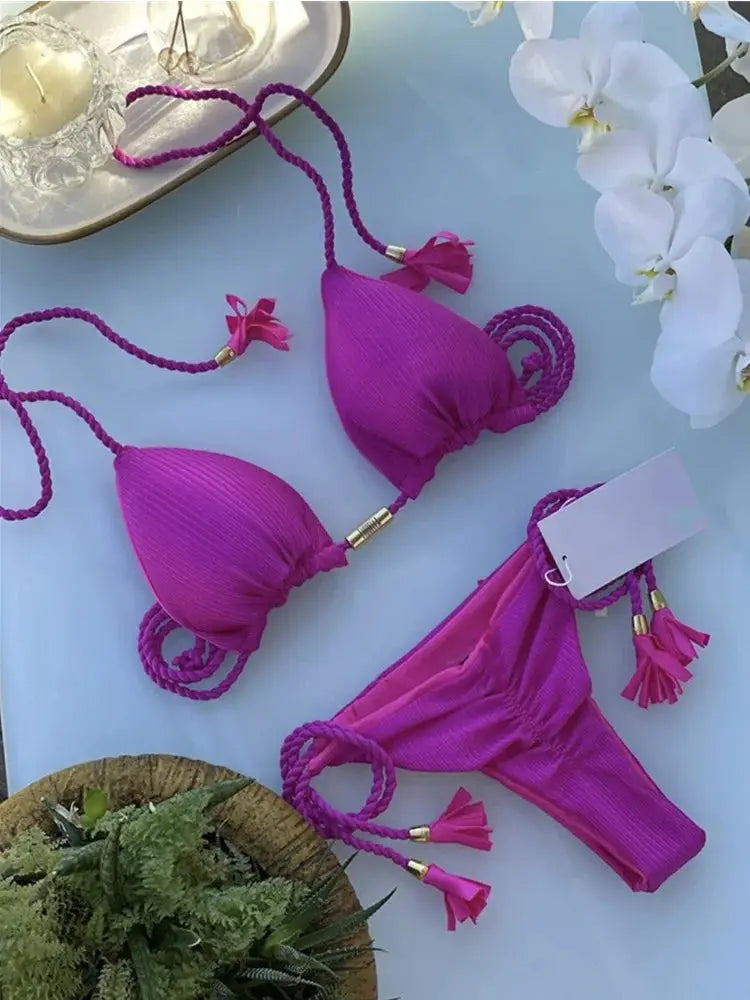 Women's magenta ribbed backless rope triangle bikini set, 2-piece with tassel-tie cords