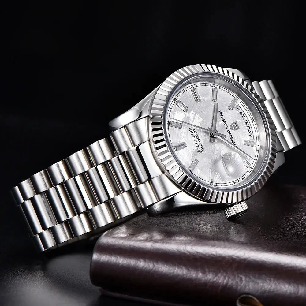 PAGANI DESIGN 36mm stainless steel automatic men's watch with double calendar, silver dial.