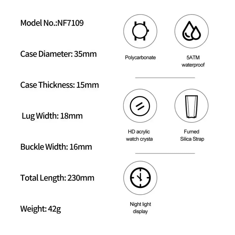 NAVIFORCE NF7109 women's outdoor sport watch; 35mm case, 5ATM waterproof, dual time display, rubber strap, night light