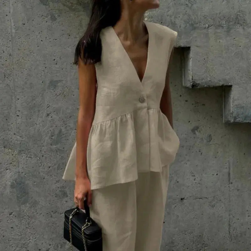 Women Sleeveless V Neck Top Two Piece Summer Set With Straight Pants