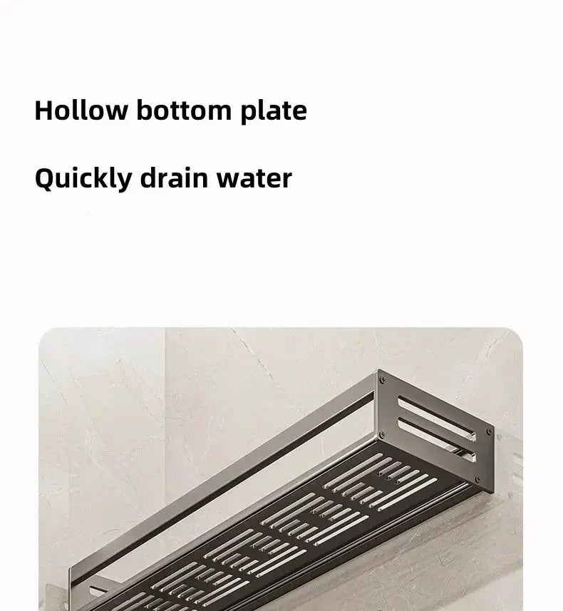 Aluminum corner bathroom shelf by Simples Market with drainage slots for shampoo and towels