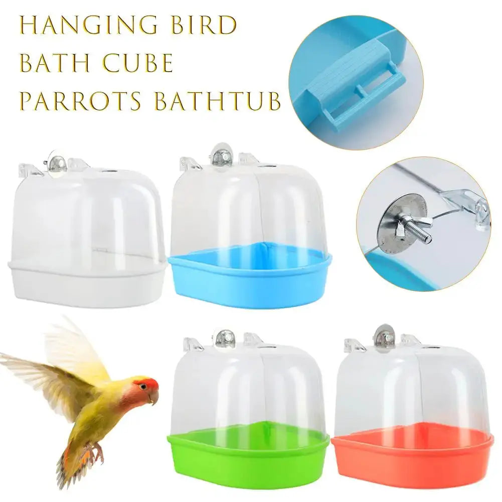 Set of 4 hanging bird bath cubes for parrots by Simples Market with clear domes and blue, green, or orange basins