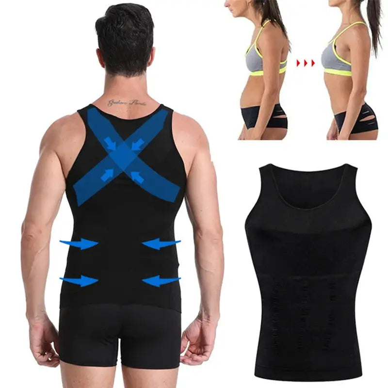 Simples Market men's shapewear slimming body corset vest, black waist cincher with cross-back support