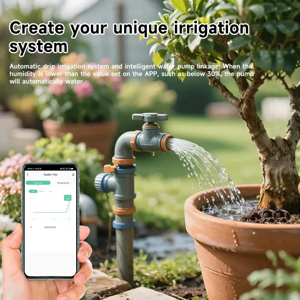 Tuya Bluetooth soil tester with app control for garden irrigation; smartphone shows humidity and temperature data