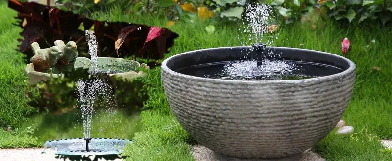 Outdoor solar fountain pump kit with 6 nozzles for garden pond; two fountains shown with a large textured gray bowl