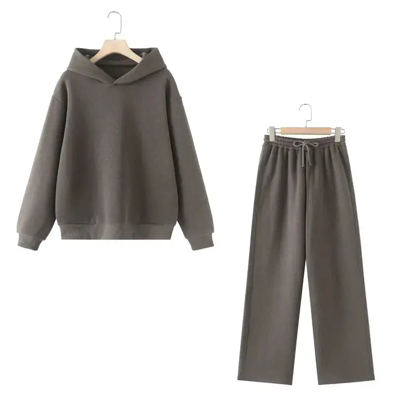 HH Women Solid Long Sleeve Hooded Fleece Pullover Pants Set Casual