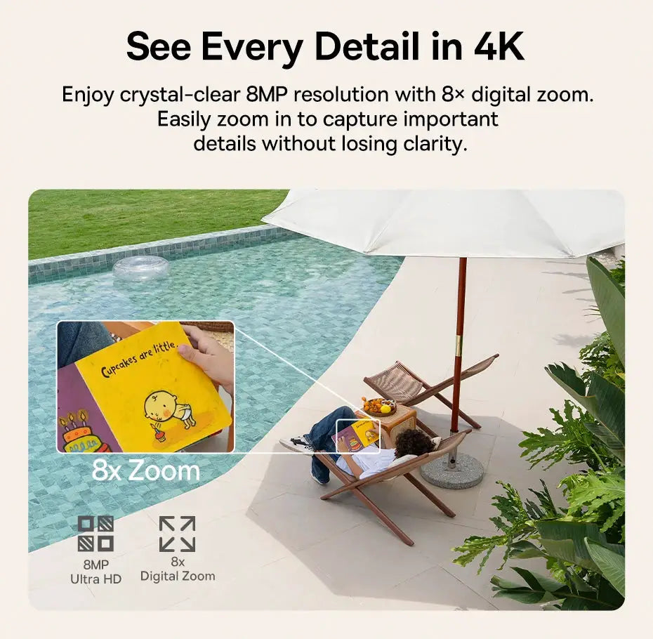 Baseus S2 outdoor camera with 4K clarity and 8x digital zoom for poolside monitoring
