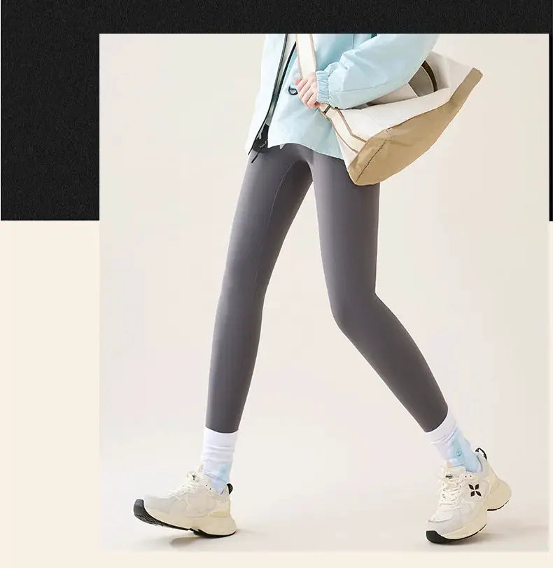 BIVIGAOS high-waist fleece sharkskin leggings for women in gray, seamless slim-fit and warm.