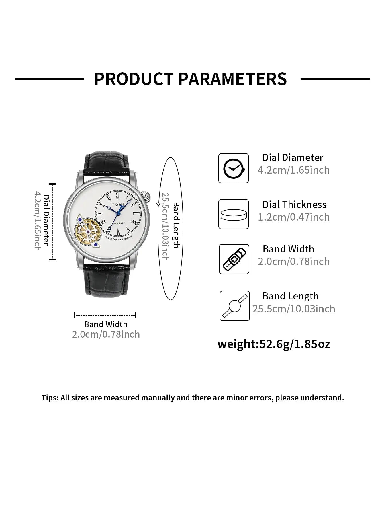 TOMI men's quartz watch in gift box set; black leather strap, silver case, white Roman dial