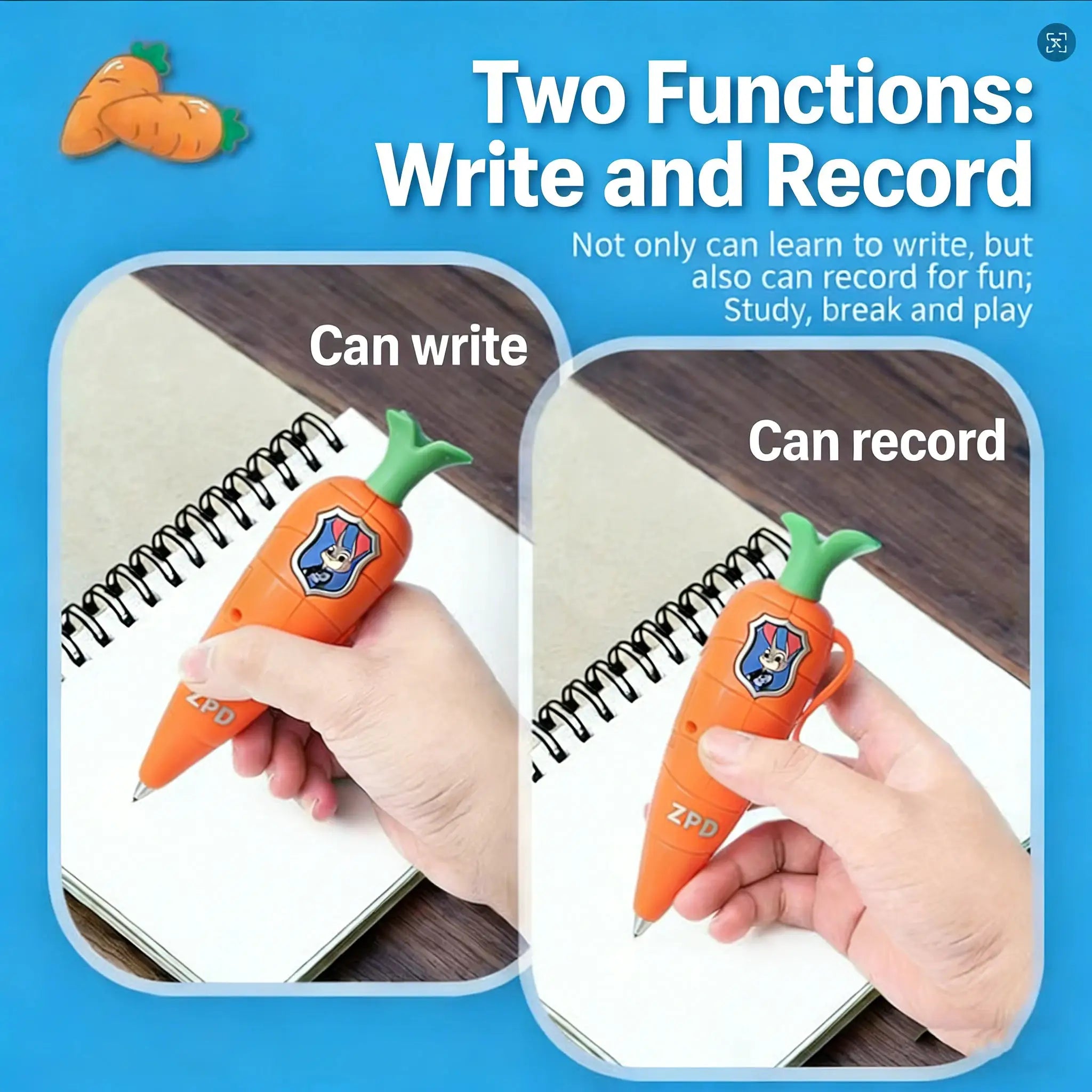 Zootopia 2 Carrot Recorder Pen For Kids Judy Hopps Nick Wilde Style 60 Second Mini Voice Recorder 2 In 1 Gel Pen