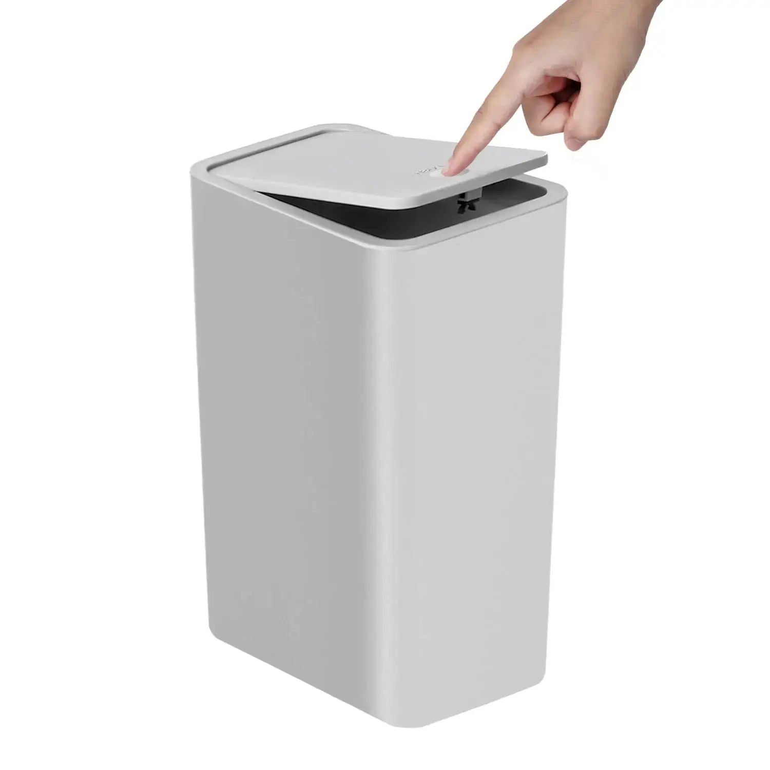 Bathroom trash can 10L by Simples Market; gray plastic wastebasket with pop-up lid.