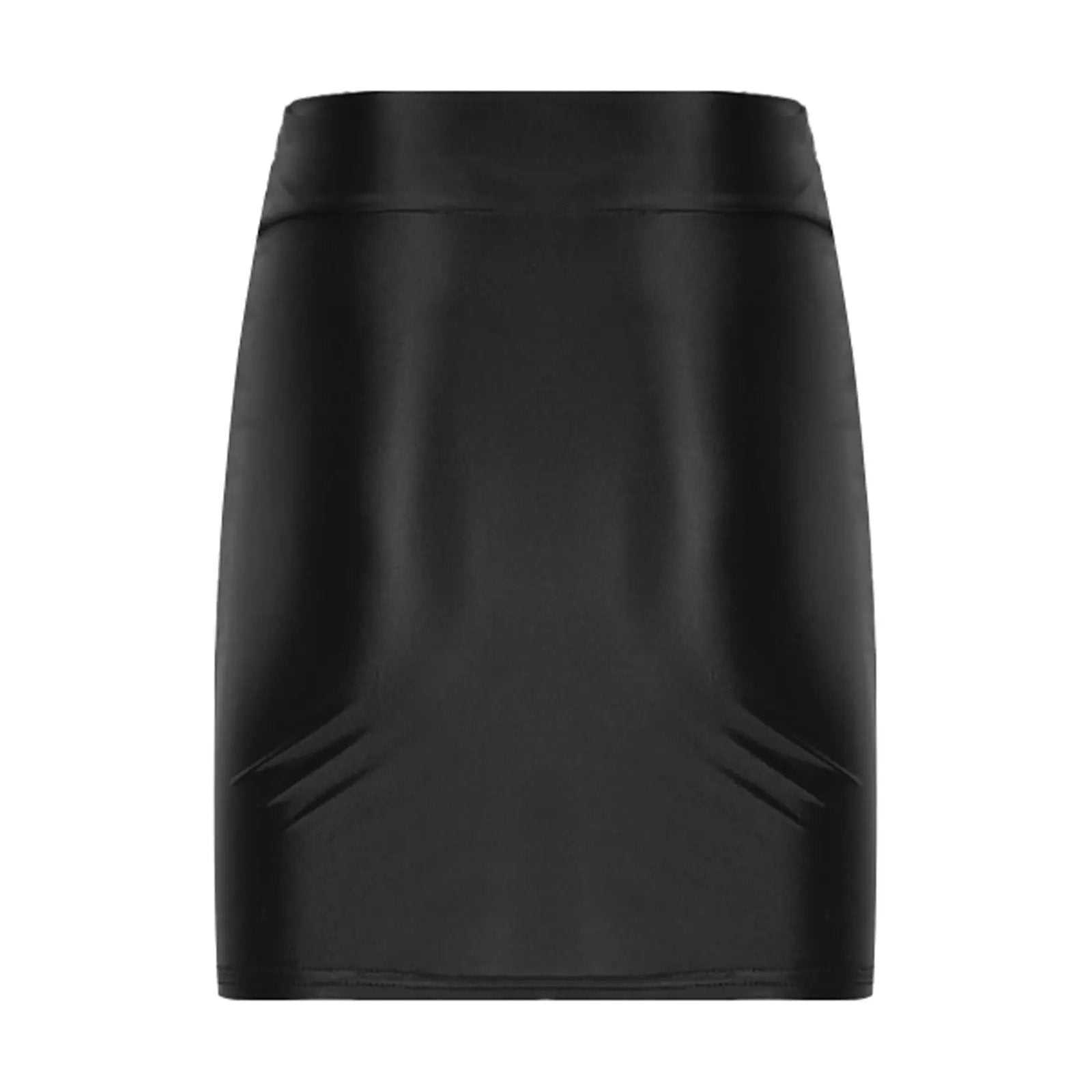 Black glossy patent leather mini skirt by Simples Market, low-rise clubwear style for party and stage