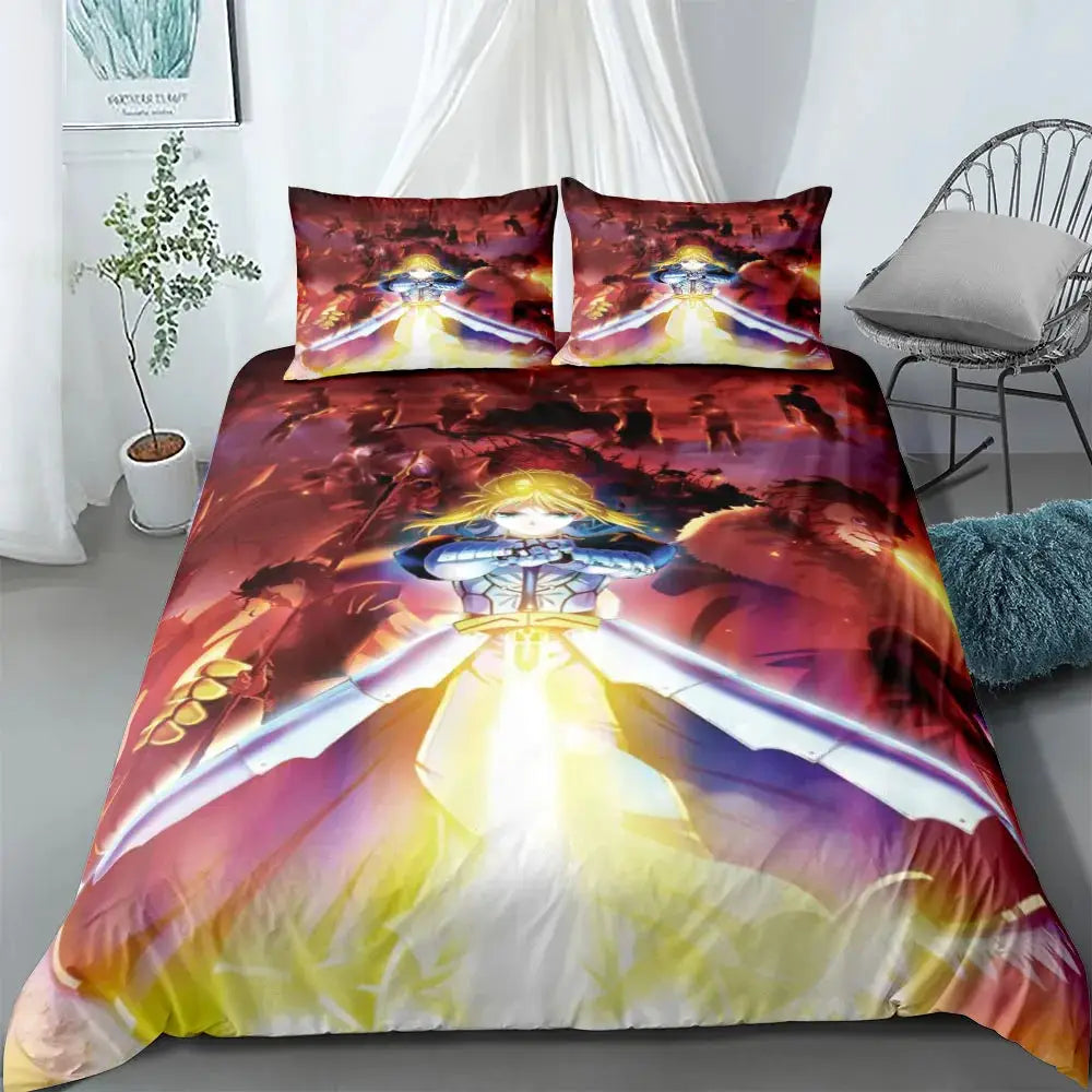 Strange Duvet Cover Set with 2 pillowcases; bold red-yellow fantasy warrior print