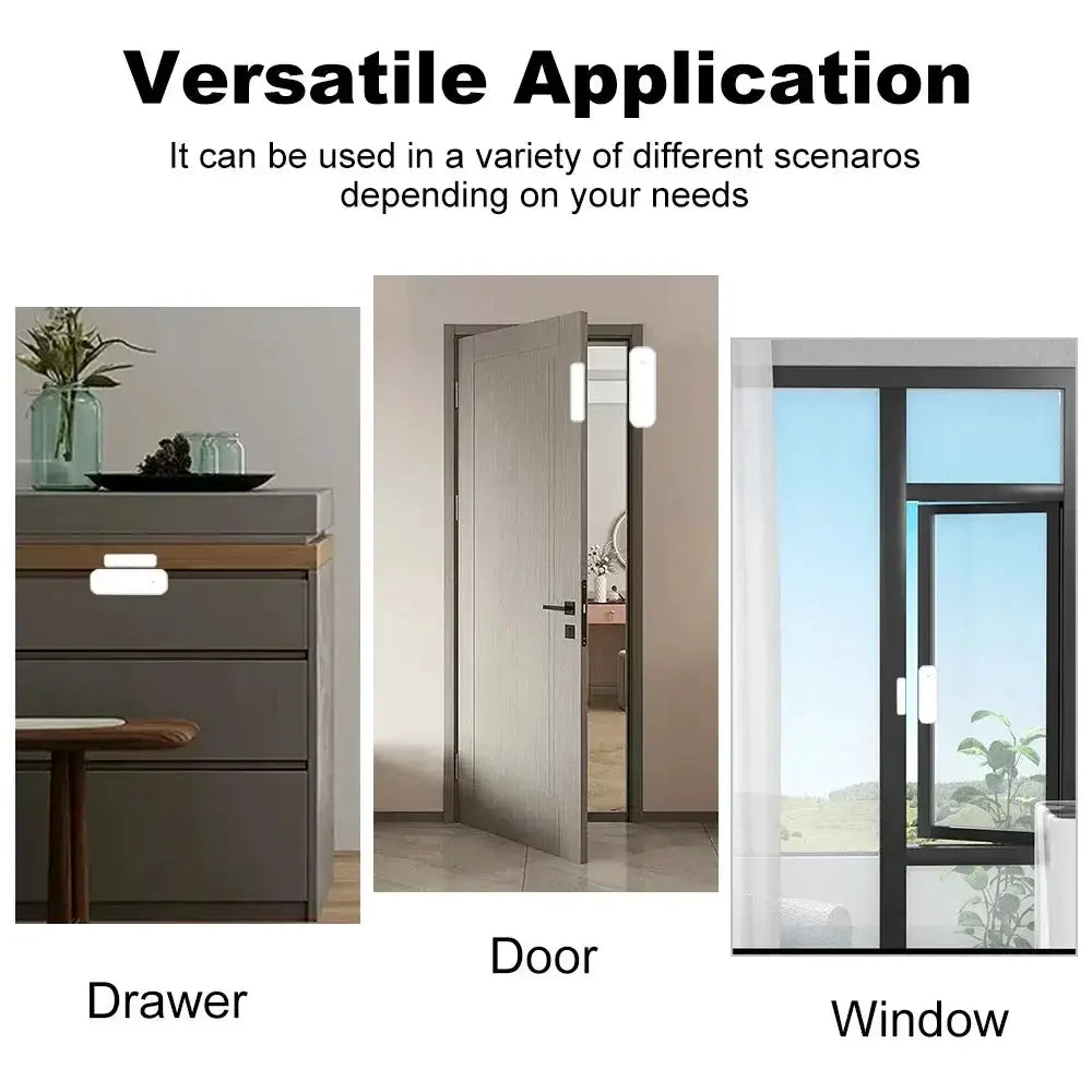 Door/window contact sensors by Simples Market; Zigbee, Tuya Smart Life; 3 sensors shown on drawer, door, window.