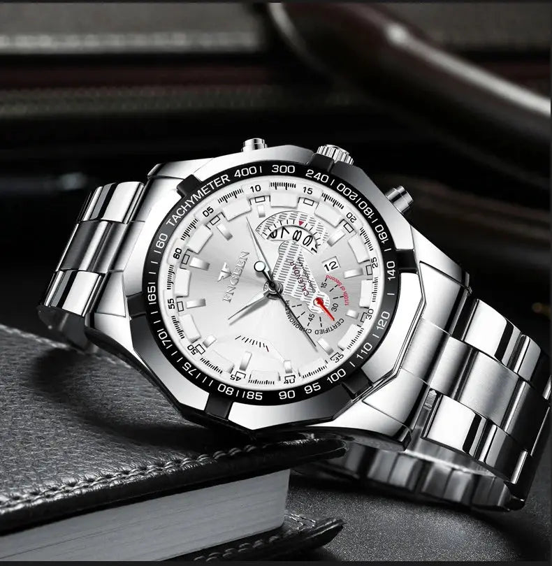 BINBOND men's stainless steel quartz watch with white dial, luminous hands, date, tachymeter bezel