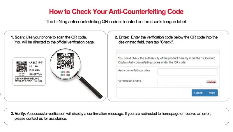 Li-Ning anti-counterfeiting verification poster showing QR codes, magnifying glass, and a three-step verification guide.