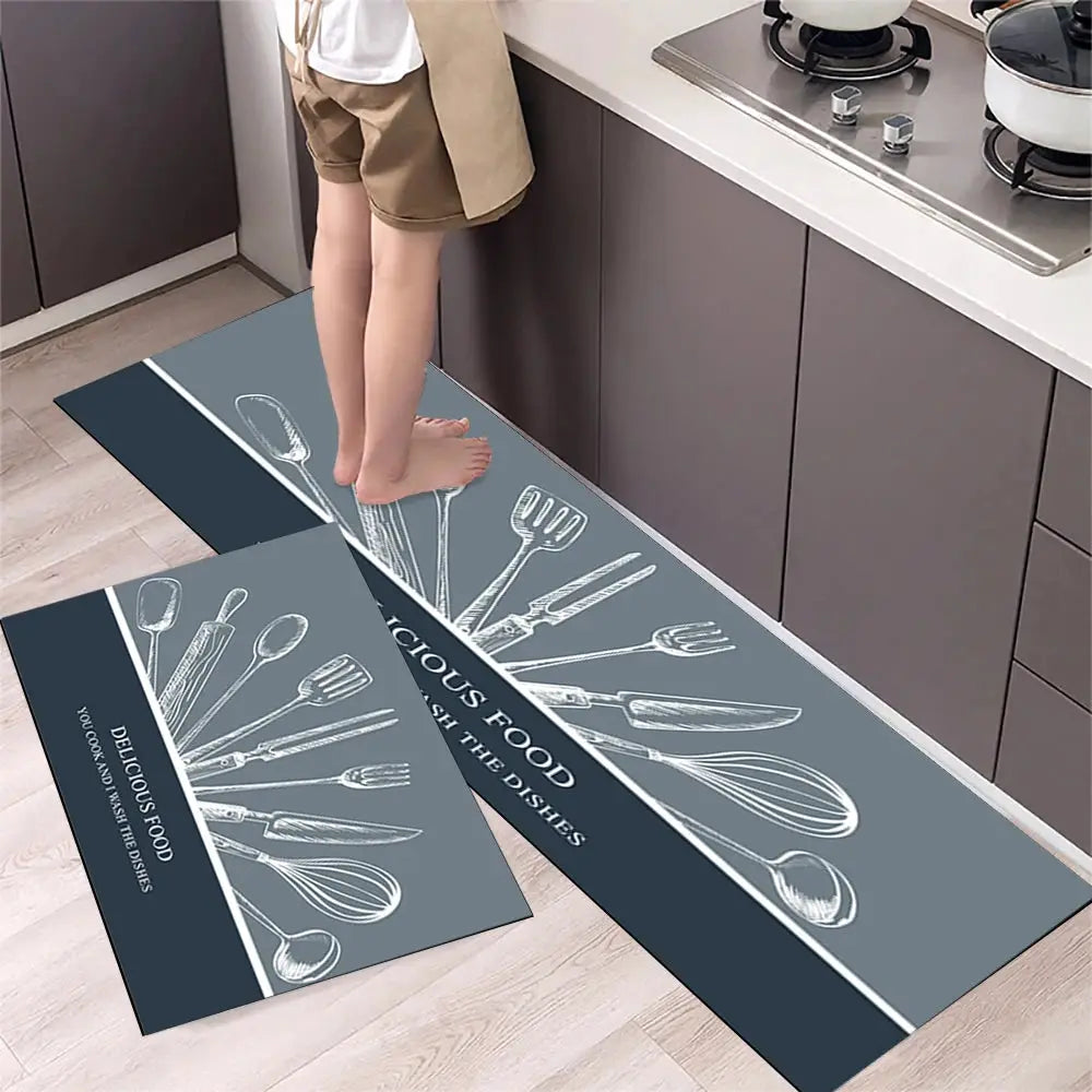 Simples Market non-slip kitchen mat runners with utensil illustrations; blue-gray crystal velvet, set of 3.